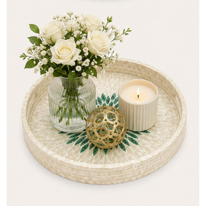 Plateau de service rond de luxe en nacre avec incrustation florale verte, mosaïque décorative, fait main, pour la décoration intérieure - Product Image 4
