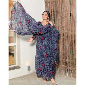 Ensemble de costume de fête Brinda Blue Bandhani à col en V et taille ample, tissu tissé respirant avec broderie, taille XS - Product Image 6