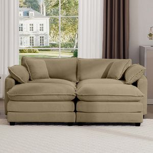 Tan Corduroy Two-Seater <b>Sofa</b> with 2 Footrests and Ottoman for <b>Small</b> Living Spaces for Your Living Room - Product Image 3