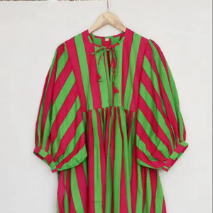 Vestido midi de algodón con estampado a mano a rayas |   Estilo Bohemio - Product Image 1