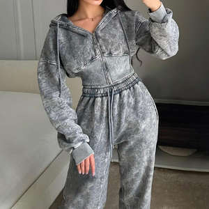 Conjunto Deportivo Vintage para Mujer, Personalizado OEM, Lavado al Ácido, Top Corto con Capucha y Pantalones Jogger, Felpa de Algodón - Product Image 1