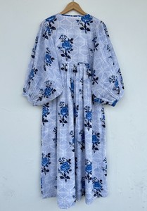 Vestido Maxi de Algodón con Estampado Floral Azul y Blanco para Mujer, Manga 3/4, Cuello con Lazo, Estilo Boho, para Verano, Festividades, Picnic y Vacaciones, Corte Holgado - Product Image 5