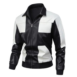 Blouson bomber en cuir PU blanc et marron pour homme avec fermeture éclair colorée, col rabattable, style décontracté, vêtement d'automne - Product Image 3