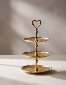 Multi Functional 3 Layer Gold Metal Cake Stand Hammered Serving Tray Heart Handle <b>Afternoon</b> <b>Tea</b> Pastry Display Stand - Product Image 2