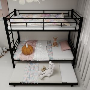 Letto a Castello in Metallo Robusto e Resistente, Doppio su Doppio, con Riduzione del Rumore e Ringhiera di Sicurezza, Senza Necessità di Rete a Doghe, Nero, per Bambini - Product Image 1