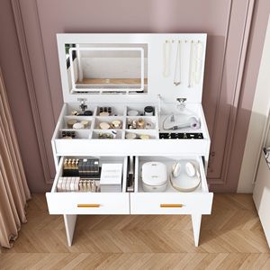 Flip Top LED Lighted Vanity <b>Desk</b> with Built-in Outlet 2 <b>Drawers</b> Open Storage Hooks-Wood Makeup Vanity Table for Dressing - Product Image 1