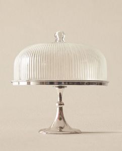 Assiette à gâteau ronde en verre avec couvercle, design classique, base argentée polie, motif uni, vaisselle et assiettes de fête - Product Image 1
