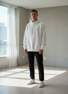 <b>White</b> Oversized Hooded <b>Sweatshirt</b> <b>Men</b> Casual Cotton French Terry Embroidered Logo Front Pocket Regular Fit Autumn Style - Product Image 5