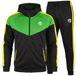 Men's <b>Black</b> Green Yellow Color Blocking Hooded Tracksuit Full Zipper Sporty Sweatshirt and <b>Pants</b> Set with Logo Front - Product Image 1