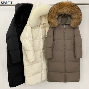 Manteau long matelassé pour femme, hiver, grande fourrure de raton laveur naturelle, capuche amovible, épais, ample, léger, coupe-vent. - Product Image 1