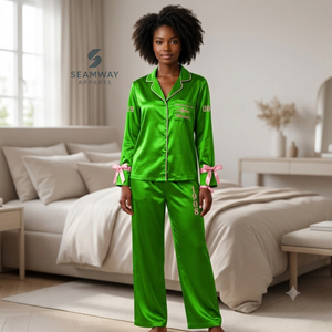 Alpha | Kapa | Alpha Women's Satin Pajama Set Long Sleeve Button-Up Embroidered Two Piece Sleepwear <b>Green</b> With Pink Trim - Product Image 5