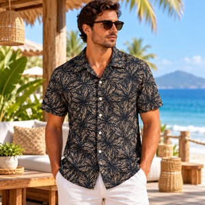 เสื้อเชิ้ตชายหาดพรีเมียมสำหรับผู้ชาย ผ้าวิสโคส 100% คอปกแคมป์ แขนสั้น พิมพ์ลายฮาวาย สวมใส่สบายๆ สำหรับฤดูร้อน รีสอร์ท วันหยุด ขายส่ง รับผลิตแบบ OEM - Product Image 3