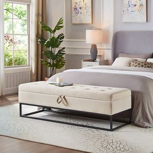 Panca letto da 149 cm con velluto beige e base in metallo, mobile da soggiorno con contenitore - Product Image 1