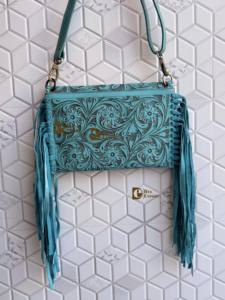 Combo de bolso y embrague con flecos hechos a mano, herramientas de tallado hechas a mano, bolso bandolera de Color turquesa, bolsos y billetera con estilo occidental - Product Image 3