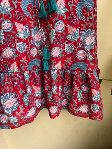 Main Bloc Imprimé Femmes Robe Midi Boho Coton Gaze D'été Robe Courte avec Gland Décoration Style Indien - Product Image 5