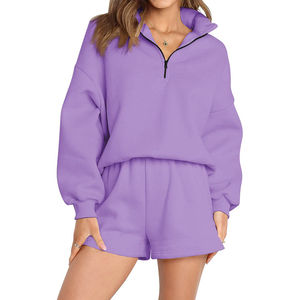 Ensemble de survêtement 2 pièces surdimensionné pour femme avec logo personnalisé, sweat-shirt à demi-zip et short, tenue de sport Maanify 2026 - Product Image 3