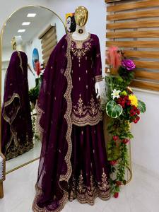 Nuevo Conjunto de Traje Sharara con Dupatta de Satén Reversible para Bodas y Fiestas Diwali, con Bordado y Lentejuelas, de Secado Rápido y Antiarrugas - Product Image 1