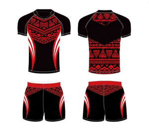 Conjunto de Uniforme de Rugby Unisex Personalizado con Estampado Geométrico en Negro y Rojo, Transpirable, de Manga Corta y Ajustado, con Impresión por Transferencia de Calor en Toda la Superficie Frontal - Product Image 1