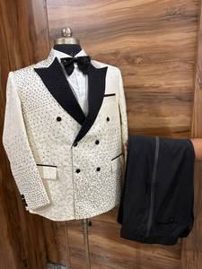 Luxury White Double Breasted Groom Tuxedo Suit with Black <b>Shawl</b> Lapel Premium Rhinestone <b>Wedding</b> Blazer for Men - Product Image 2