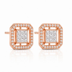 Pendientes de Diamantes con Corte Princesa en Oro Rosa, Diseño Geométrico de Halo, Joyería de Lujo para Uso Diario de Mujer - Product Image 3