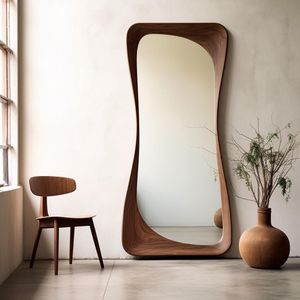 Espejo de pie moderno con marco de madera irregular ondulado, hecho a mano, de cuerpo entero, decorativo, para sala de estar - Product Image 1