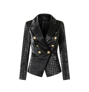 Modern Woman's Notched Double Breasted Gold <b>Button</b> Slim Blazer Cow Skin Bonded Jacket - Product Image 1