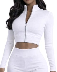 Conjunto de yoga de dos piezas para mujer, color blanco, top corto con cremallera y pantalones acampanados de cintura alta, ropa deportiva elástica para gimnasio, fabricante personalizado OEM - Product Image 4