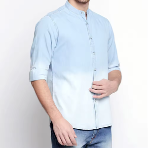 Chemise en jean pour homme bleu ombré et blanc, en coton, teinture dégradée, manches longues, col mandarin, coupe ajustée - Product Image 3