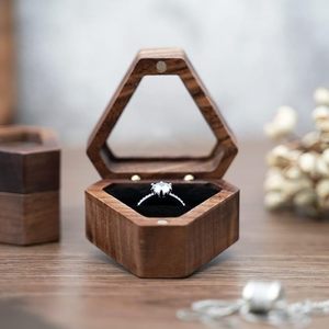 Custom Luxury Walnut Triangle Velvet <b>Small</b> Earring Cufflink Jewelry <b>Storage</b> Wooden Ring <b>Box</b> - Product Image 1