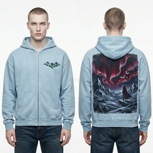 Wholesale Light Blue Acid Wash Zip Up Hoodie Men Oversized Streetwear Aurora Bat Graphic Fleece Custom Vintage Zip Hoodie - Product Image 1