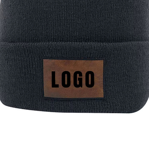 Unisex Solid Color Beanie <b>Hat</b> with Leather Logo Patch 100% Acrylic Winter <b>Warm</b> Casual Wear for Adults - Product Image 5