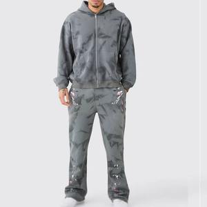 Ensemble survêtement homme streetwear hiver, sweat à capuche zippé et pantalon de survêtement, personnalisé, effet vieilli, avec patchs imprimés et strass, délavage acide - Product Image 6