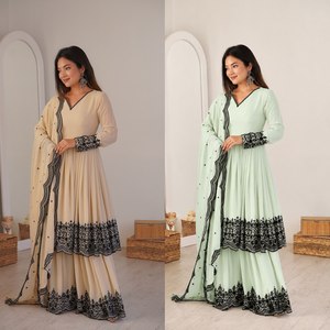 AARIKA TEXTILE Radiant Premium Faux Georgette Thread Embroidered <b>Top</b> Palazzo Set Matching Dupatta Wedding Ethnic Apparel Chinon - Product Image 6