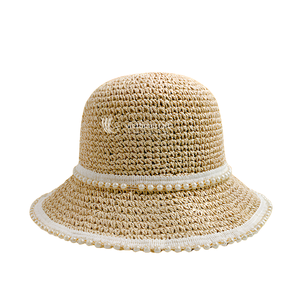 <b>Women</b> Adjustable Paper Sun Hat Hand Embroidery Striped Pearl Trim Wide Brim Bucket Beach Vacation Outdoor <b>Cap</b> - Product Image 1