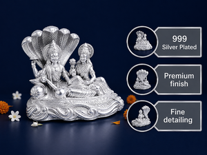 Idole Laxmi Narayan en laiton plaqué argent 999 de Jaipur Metals |   Statue de décoration religieuse traditionnelle pour la maison |   Présentoir de table 11x7x11cm - Product Image 2