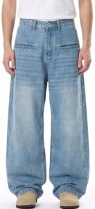 Jean en denim délavé foncé, décontracté, pour usage quotidien, écologique, résistant à la décoloration, en coton durable, bleu vieilli, coupe large, double couture - Product Image 3