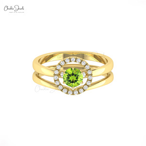 Anillo de Oro Sólido de 14k Hecho a Mano con Peridoto Redondo Genuino de 5mm y Halo de Diamantes, Joyería Fina Personalizada de Fabricante - Product Image 4