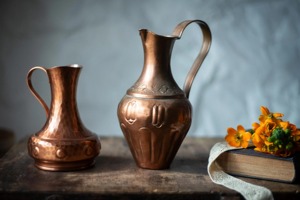 Vintage Copper Pitchers Set of 2 Handcrafted Metal Water <b>Jugs</b> Decorative <b>Drink</b> Dispensers for Home Use - Product Image 5
