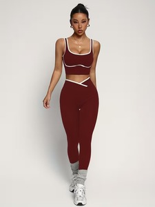 Womens 2 Piece Tracksuit Curved Piping Athletic Crop <b>Top</b> and <b>Cross</b> Waist Lift Leggings Set Gym Training Exercise Clothing - Product Image 4