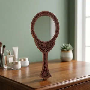 Handcrafted Acacia Wood Hand <b>Mirror</b> Carved Wooden Dressing <b>Mirror</b> Vintage Makeup <b>Mirror</b> Decorative Engraved <b>Handheld</b> <b>mirror</b> - Product Image 4