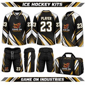 Ensemble d'uniformes de hockey sur glace personnalisés jaune et noir, sublimés, avec maillot à manches longues, short rembourré et sac de transport assorti, OEM ODM - Product Image 1