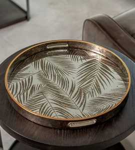 Luxury round decorative <b>serving</b> <b>tray</b> with handles <b>gold</b> rim leaf printed <b>tray</b> living room home use - Product Image 1