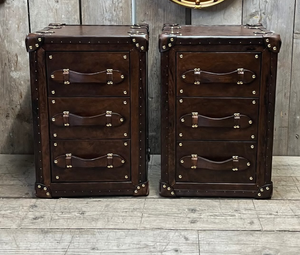 Vintage Brown Leather Trunk Drawer Cabinet Antique <b>Storage</b> <b>Chest</b> Brass Studded Bedside Table Home Furniture Set - Product Image 1