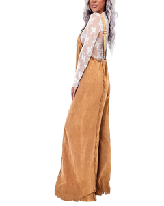 Women's Light Blue Denim Overalls High Waist Wide Leg Loose Fit Sleeveless Casual Summer <b>Jumpsuit</b> With Lace Trim - Product Image 4