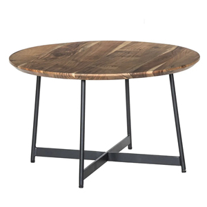 Table basse moderne industrielle ronde en bois d'acacia massif, finition blanchie naturelle et structure en fer noir, durable, pour la maison ou le bureau - Product Image 2