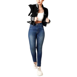 Women's Cropped Varsity <b>Jacket</b> Black <b>White</b> Stripe Button Front Casual Short Sleeve Solid Color Wool Outerwear Winter Stand - Product Image 1
