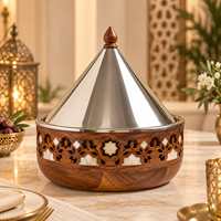 Casserole de luxe en bois avec couvercle conique en acier inoxydable, motif ajouré arabe, diamètre 24 cm, isolée, écologique, durable, multi-usage