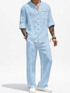 Conjunto de camisa y pantalones de lino y algodón azul claro para hombre, conjunto deportivo informal de manga larga para verano - Product Image 3