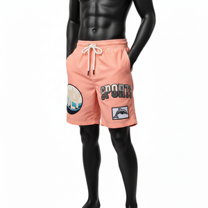 Shorts de baño para hombre, ligeros, de poliéster, 135 GSM, transpirables, color melocotón, ropa de playa, logotipo personalizado con apliques. - Product Image 4