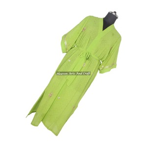KL019 Kimono abstrait pour femme en soie mélangée, style sari vintage, manches longues, longueur intégrale, automne-hiver, avec cordon de serrage réglable - Product Image 1
